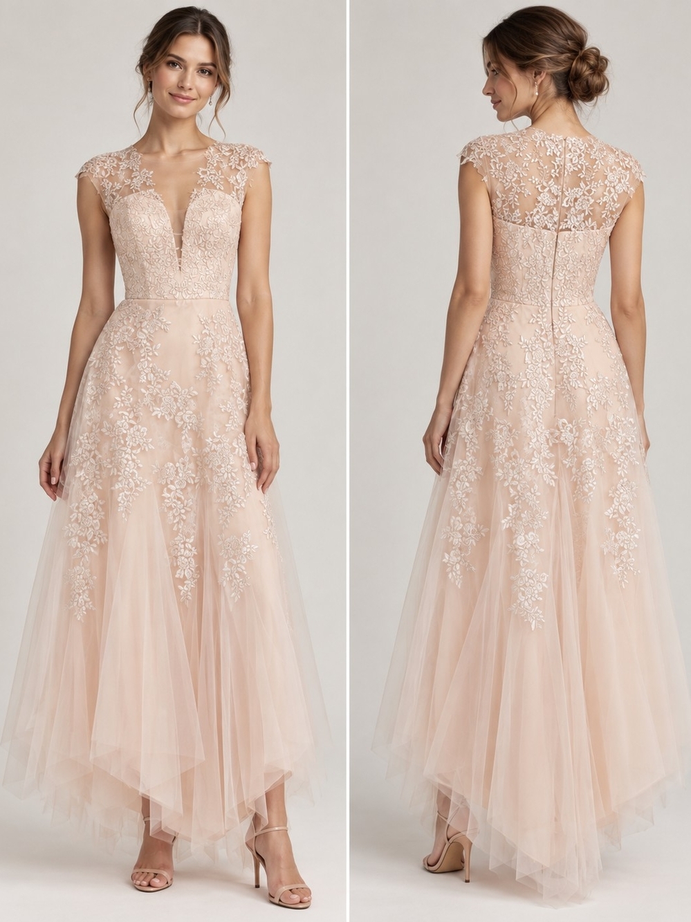 Cap-Sleeve Lace & Tulle A-Line Dress in Blush
